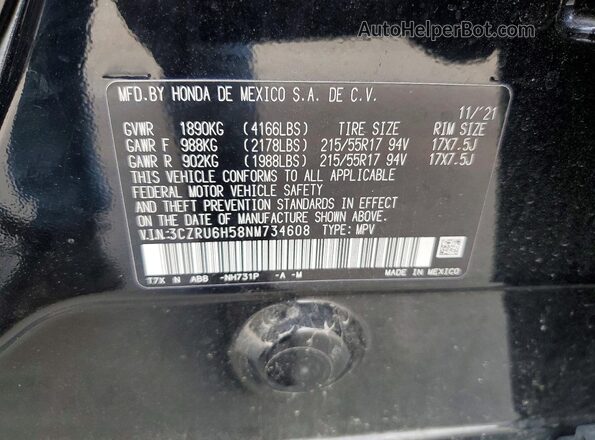 3CZRU6H58NM734608 2022 HONDA HR-V Black VIN կոդի պիտակի տեսք