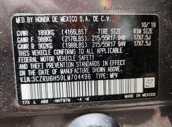 3CZRU6H59LM704496 2020 HONDA HR-V Серый Вид наклейки с VIN-кодом