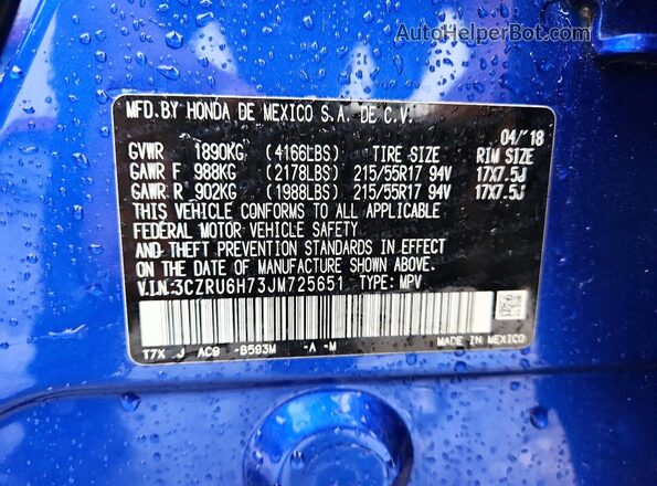3CZRU6H73JM725651 2018 HONDA HR-V Blue Widok naklejki z numerem VIN