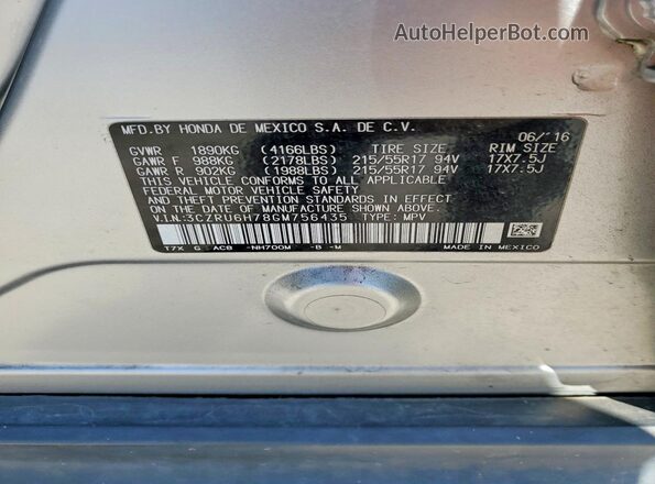3CZRU6H78GM756435 2016 HONDA HR-V Silver VIN sticker view