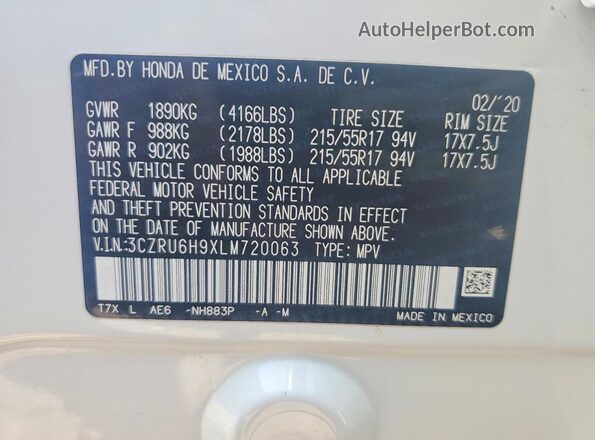 3CZRU6H9XLM720063 2020 HONDA HR-V White Widok komory silnika