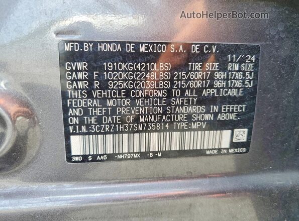 3CZRZ1H37SM735814 2025 HONDA HR-V Gray VIN sticker view