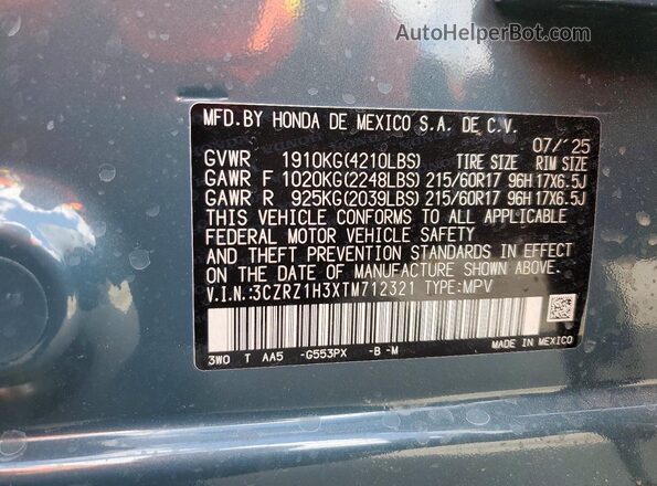 3CZRZ1H3XTM712321 2026 HONDA HR-V Синий Вид наклейки с VIN-кодом