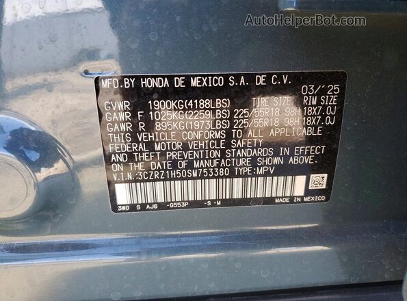 3CZRZ1H50SM753380 2025 HONDA HR-V Green VIN sticker view