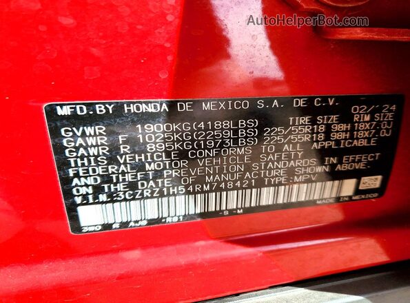 3CZRZ1H54RM748421 2024 HONDA HR-V Red VIN sticker view