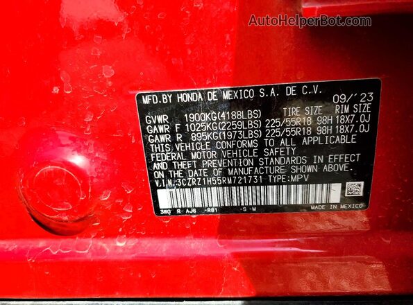 3CZRZ1H55RM721731 2024 HONDA HR-V Red VIN sticker view