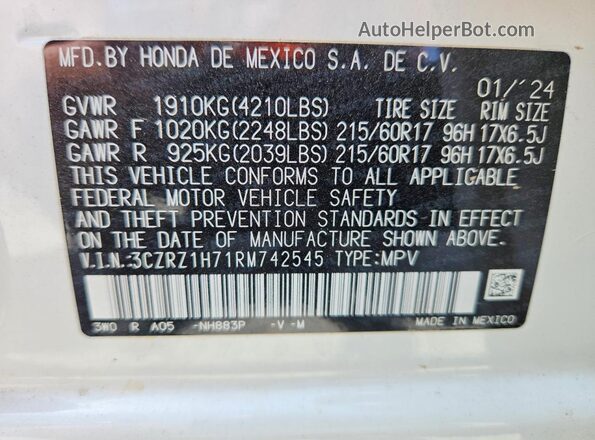 3CZRZ1H71RM742545 2024 HONDA HR-V Белый Вид наклейки с VIN-кодом