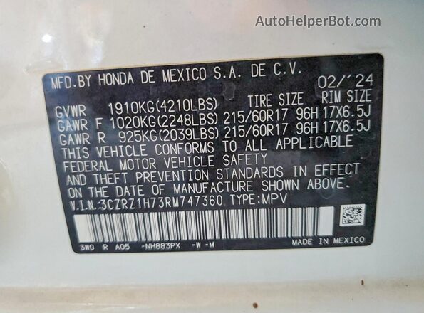3CZRZ1H73RM747360 2024 HONDA HR-V White Widok komory silnika
