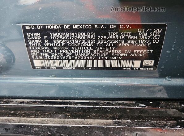 3CZRZ1H75TM733452 2026 HONDA HR-V Синий Вид наклейки с VIN-кодом