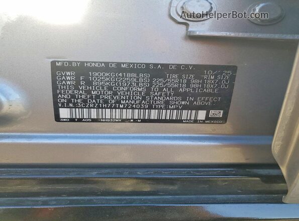 3CZRZ1H77TM724039 2026 HONDA HR-V Серебряный Вид наклейки с VIN-кодом