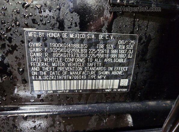 3CZRZ1H78TM706049 2026 HONDA HR-V Черный Вид наклейки с VIN-кодом