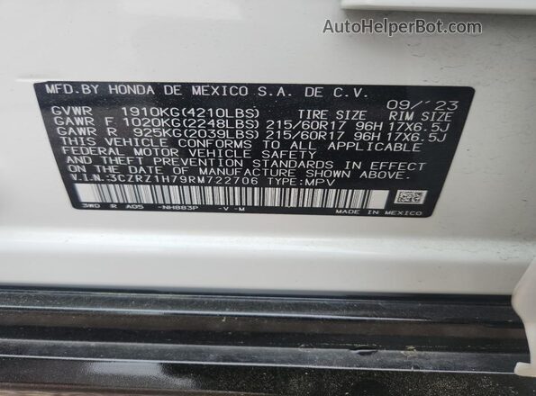 3CZRZ1H79RM722706 2024 HONDA HR-V Белый Вид наклейки с VIN-кодом