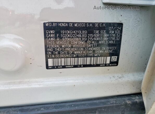 3CZRZ2H32SM718327 2025 HONDA HR-V White Vista de la etiqueta del VIN