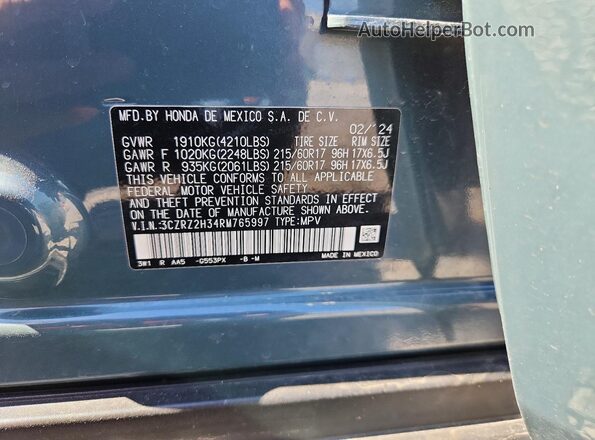 3CZRZ2H34RM765997 2024 HONDA HR-V Blue Vista de la etiqueta del VIN