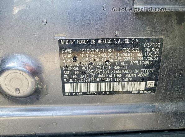 3CZRZ2H35PM743391 2023 HONDA HR-V Gray Widok naklejki z numerem VIN