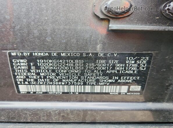 3CZRZ2H36RM737599 2024 HONDA HR-V Charcoal Widok naklejki z numerem VIN