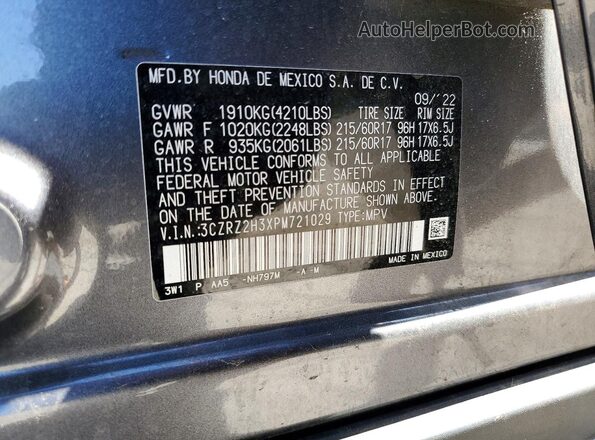 3CZRZ2H3XPM721029 2023 HONDA HR-V Gray VIN კოდის სტიკერის ხედი