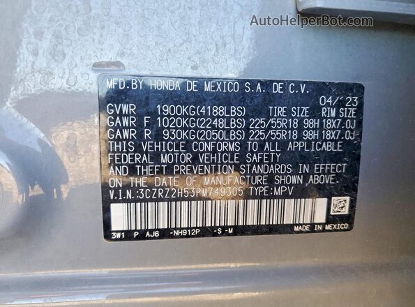 3CZRZ2H53PM749305 2023 HONDA HR-V Серый Вид наклейки с VIN-кодом