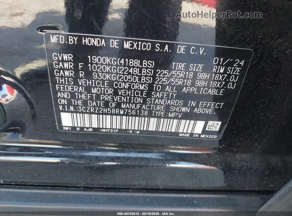 3CZRZ2H58RM756138 2024 HONDA HR-V Черный Вид подкапотного пространства