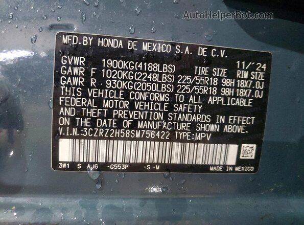 3CZRZ2H58SM756422 2025 HONDA HR-V Синий Вид наклейки с VIN-кодом