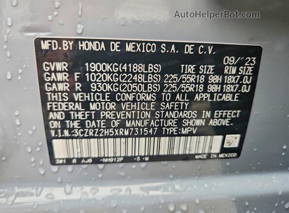 3CZRZ2H5XRM731547 2024 HONDA HR-V Gray Вид наклейки з VIN-кодом