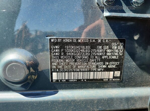 3CZRZ2H76SM788061 2025 HONDA HR-V Turquoise Вид наклейки з VIN-кодом