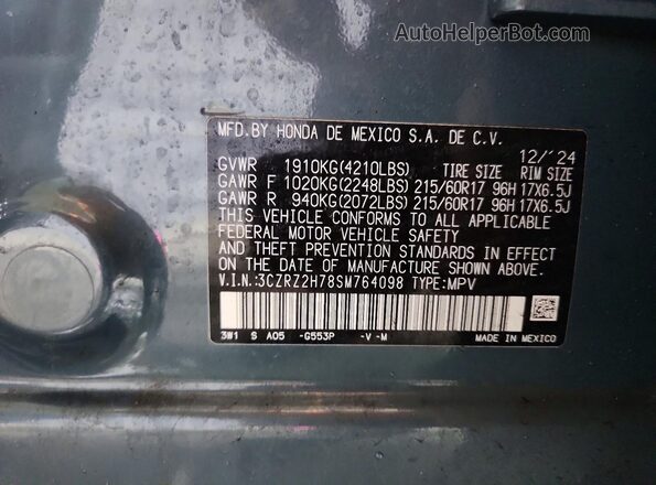 3CZRZ2H78SM764098 2025 HONDA HR-V Угольный Вид наклейки с VIN-кодом