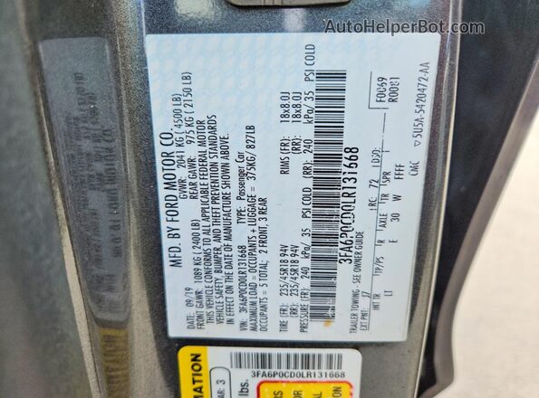 3FA6P0CD0LR131668 2020 FORD FUSION Gray Вид підкапотного простору