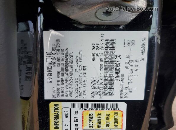 3FA6P0CD2KR261031 2019 FORD FUSION Charcoal VIN კოდის სტიკერის ხედი