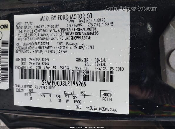 3FA6P0CD3LR196269 2020 FORD FUSION Black Vista del compartimento del motor