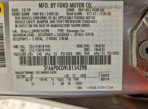 3FA6P0CD9LR154298 2020 FORD FUSION Серебряный Вид подкапотного пространства