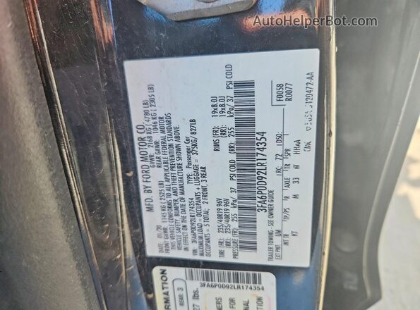 3FA6P0D92LR174354 2020 FORD FUSION Черный Вид наклейки с VIN-кодом