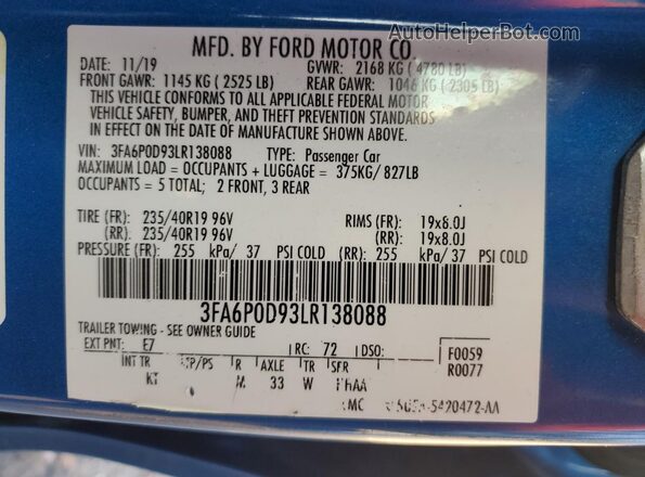 3FA6P0D93LR138088 2020 FORD FUSION Синий Вид подкапотного пространства
