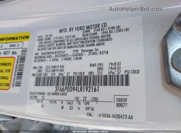 3FA6P0D94LR192161 2020 FORD FUSION White Widok komory silnika