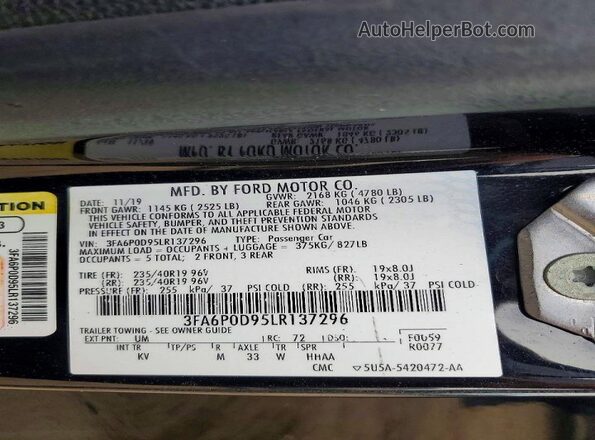 3FA6P0D95LR137296 2020 FORD FUSION Черный Вид подкапотного пространства