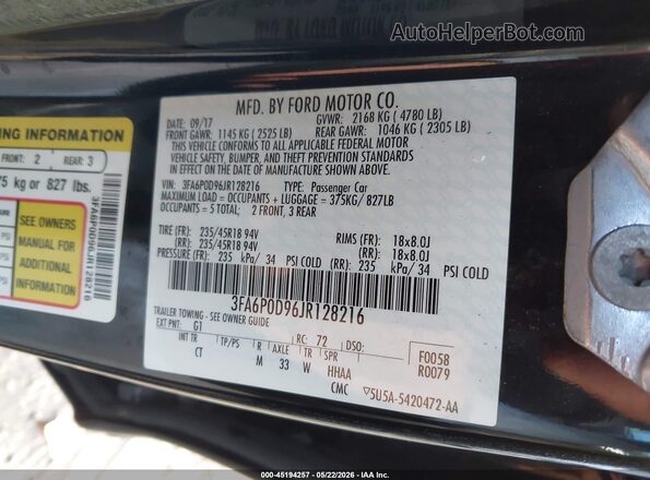 3FA6P0D96JR128216 2018 FORD FUSION Черный Вид подкапотного пространства