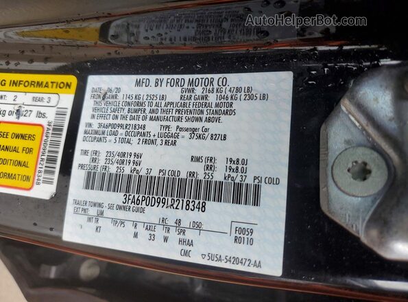 3FA6P0D99LR218348 2020 FORD FUSION Black Widok komory silnika