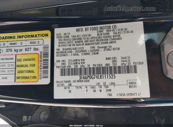 3FA6P0G74LR111525 2020 FORD FUSION Черный Вид подкапотного пространства