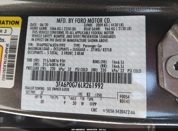 3FA6P0G76LR261992 2020 FORD FUSION Gray Շարժիչի բաժամունքի տեսք