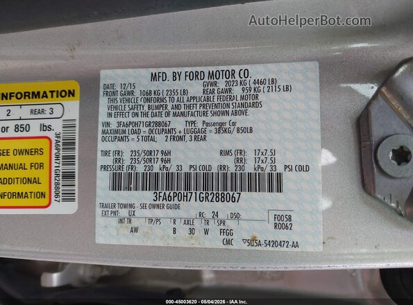 3FA6P0H71GR288067 2016 FORD FUSION Серебряный Вид подкапотного пространства