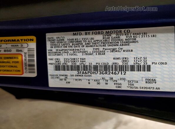 3FA6P0H73GR246712 2016 FORD FUSION Синий Вид подкапотного пространства