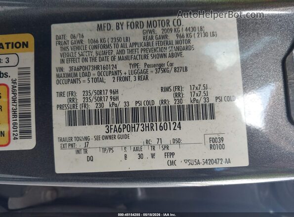3FA6P0H73HR160124 2017 FORD FUSION Gray Widok komory silnika