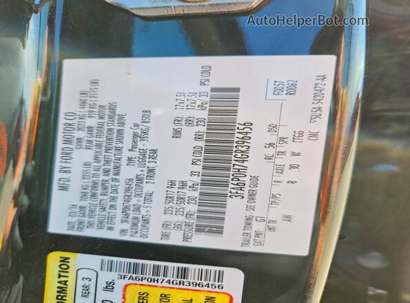 3FA6P0H74GR396456 2016 FORD FUSION Black Vista del compartimento del motor