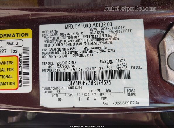 3FA6P0H77HR174575 2017 FORD FUSION Темно-бордовый Вид подкапотного пространства