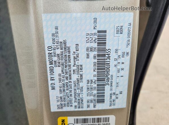 3FA6P0HD0JR136455 2018 FORD FUSION Beige Widok komory silnika