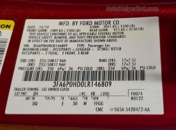 3FA6P0HD0LR146809 2020 FORD FUSION Red Vista del compartimento del motor