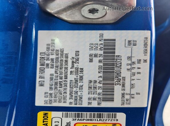 3FA6P0HD1LR227219 2020 FORD FUSION Blue Widok komory silnika