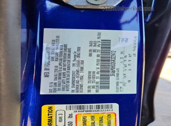 3FA6P0HD2GR322412 2016 FORD FUSION Синий Вид наклейки с VIN-кодом
