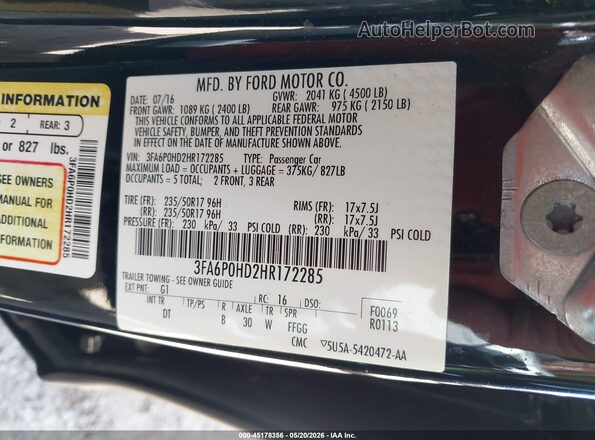 3FA6P0HD2HR172285 2017 FORD FUSION Black Widok komory silnika
