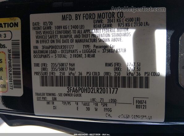 3FA6P0HD2LR201177 2020 FORD FUSION Черный Вид подкапотного пространства